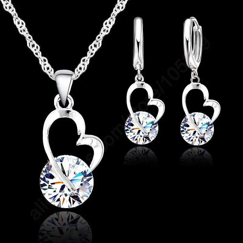 New Fashion Shiny Cubic Zircon Jewelry Set 925 Sterling Silver Heart Pendant Necklace+ Dangle/Hoop Earrings For Women | Украшения и