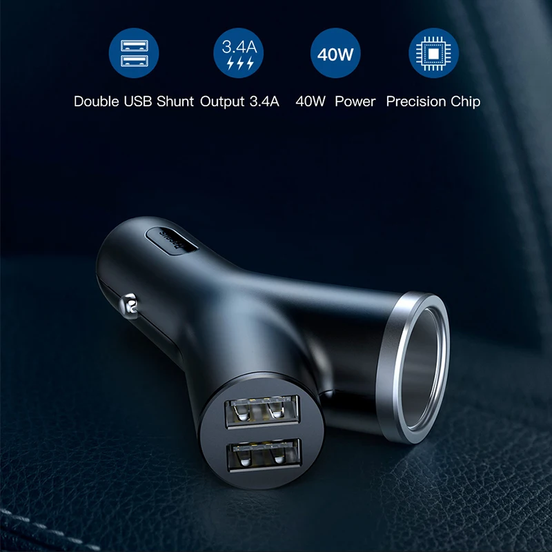 baseus 40w car charger for universal mobile phone dual usb car cigarette lighter slot for tablet gps 3 devices car phone charger free global shipping