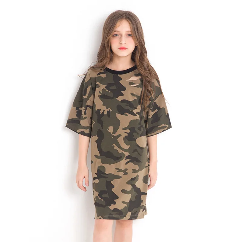 Camouflage Girls Dress for Teenage Europe Style Short Sleeved Summer Fashion Kids Clothing Real Shot 6 8 10 12 14 Year | Детская одежда