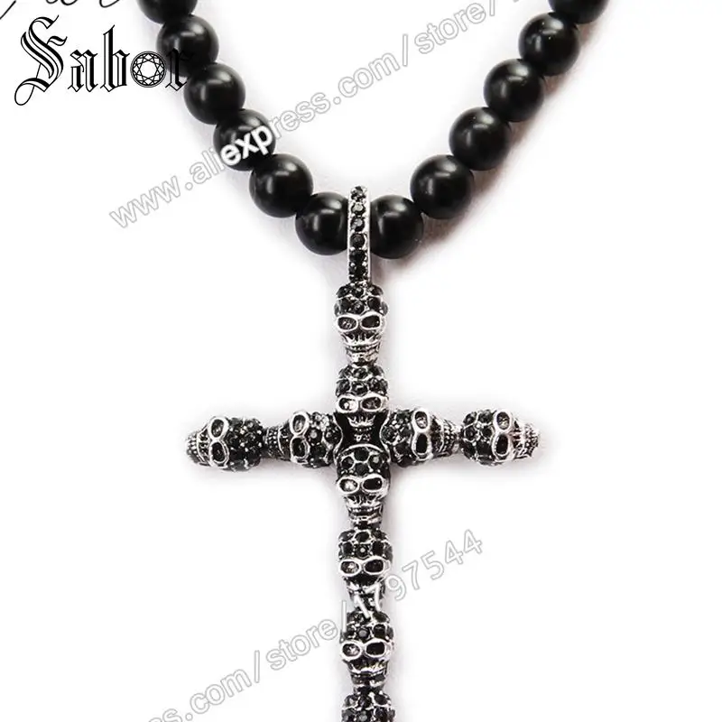 Матовый черный обсидиан бусы & черепа крест кулон ожерелье Rebel ювелирные изделия