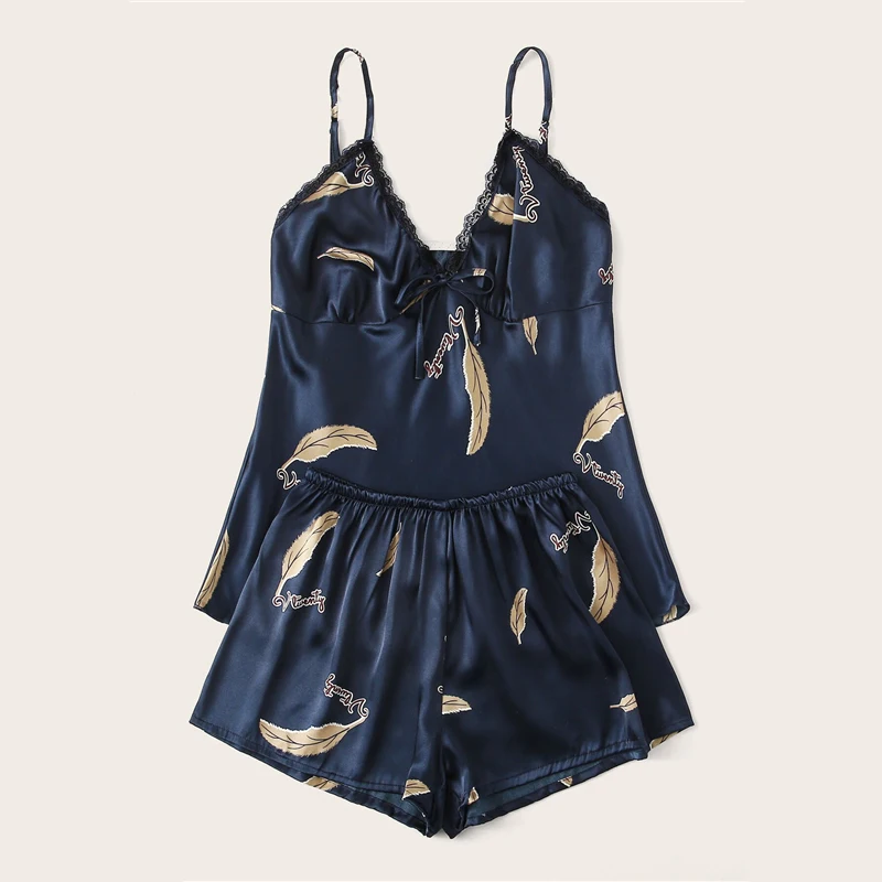 COLROVIE перо печати атласный Cami пижамный комплект для женщин повседневные короткие наборы летнее нижнее белье Ночная рубашка Дамская пижама
