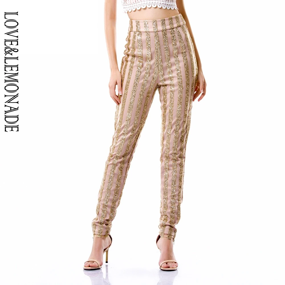 Узкие брюки в полоску с золотыми бусинами Love& Lemonade TB 9832