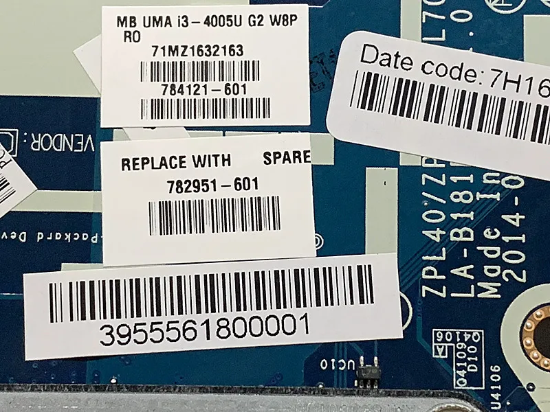 Материнская плата для ноутбука HP ProBook 782951 G2 ZPL40/ZPL50/ZPL70 LA-B181P SR1EK I3-4005U 601