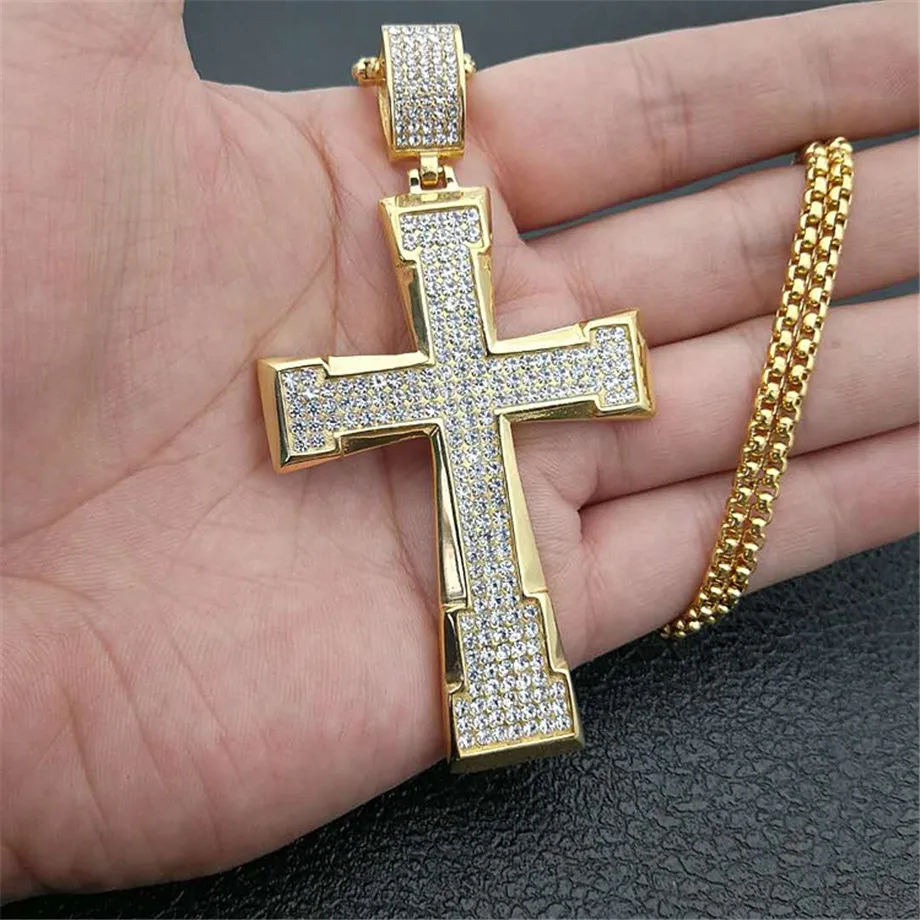Купи Men Cross Christ Pendant Hip Hop Jewelry Iced Out Bling Bling Rhinestone Gold Color Crucifix Pendant Necklace Chain XL1301 за 847 рублей в магазине AliExpress