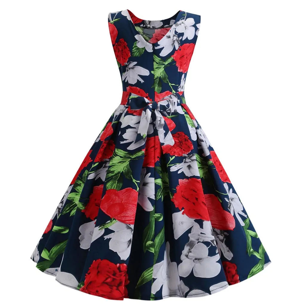 Женское винтажное платье с цветочным принтом без рукавов для вечеринок и