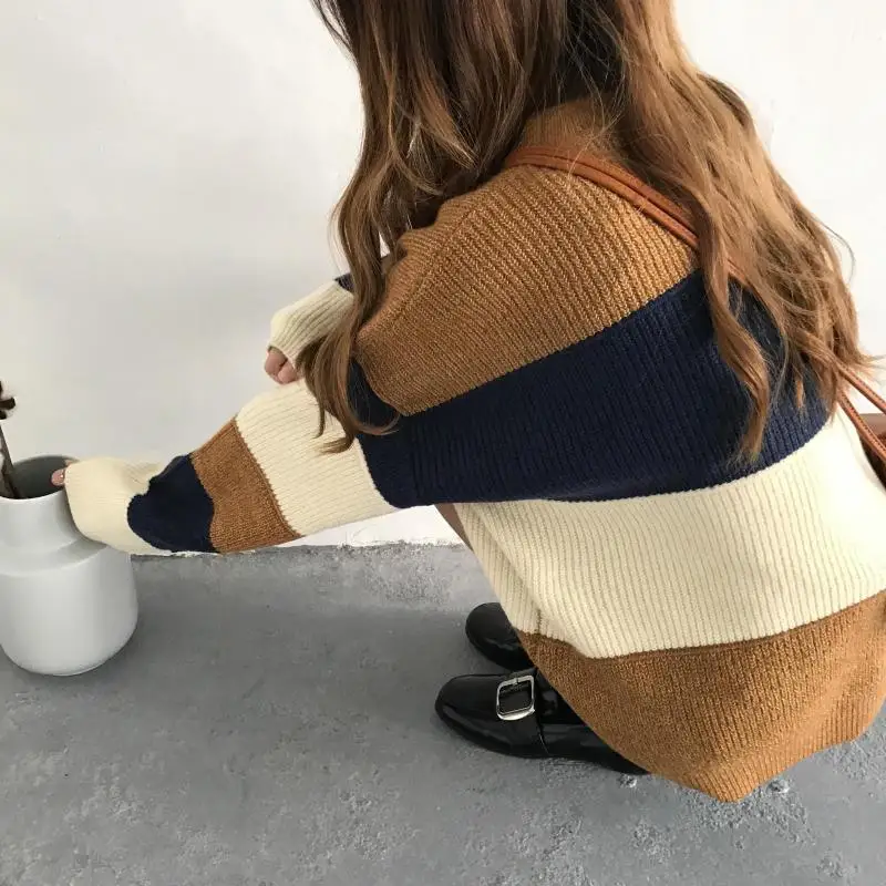 RUGOD 2018 Fashion Loose Christmas Sweater O-neck Striped Oversize Women Long Sleeve Casual Thick Knitted | Женская одежда