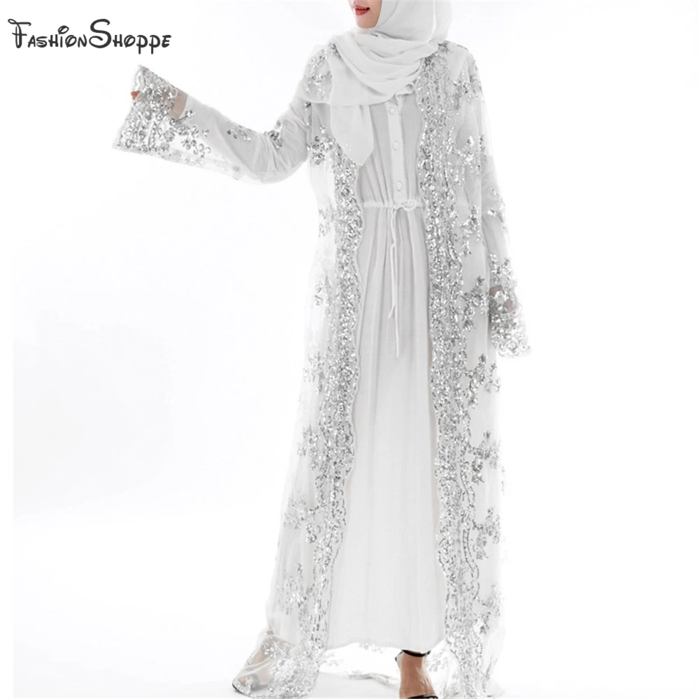 Женское кимоно с блестками Abaya белое кружевное вышивкой в стиле Рамадан турецком