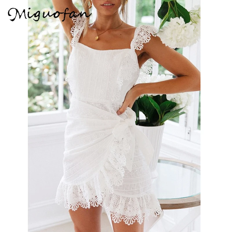 Женское короткое Кружевное платье Miguofan белое с открытой спиной лето 2019|Женские