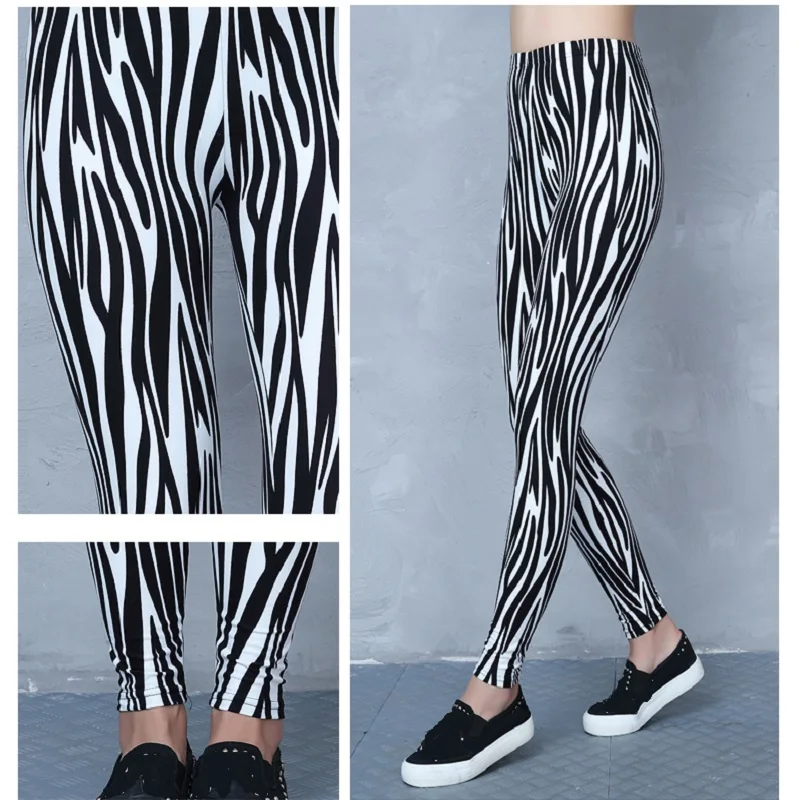 Women Black White Leopard Fashion Digital Printing graffiti Stretch Leggings Splicing Nine Pants Slim Skinny Trouse | Женская одежда