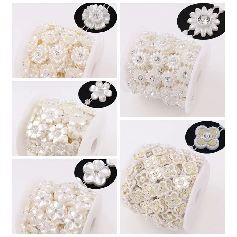 

20-26mm 5Style 1Yard Fishing Line Flower Small Daisy ABS Pearl Beads Chain Trim with Rhinestone for DIY Wedding Party Decoration