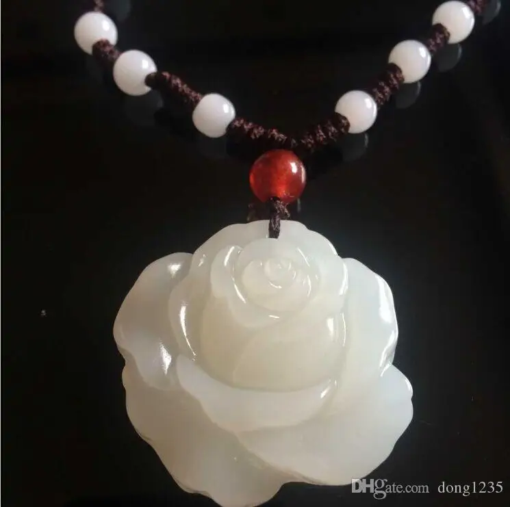 Natural Xinjiang hetian white female peony roses jadeite hang pendant necklace AAAAAA Free shipping |