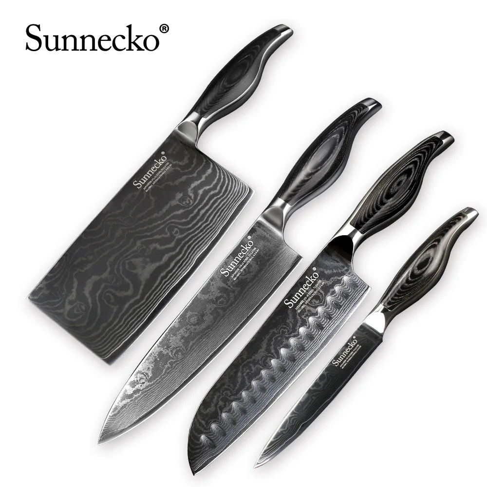 Sunnecko 8 шт. набор ножей из дамасской стали Подарочная коробка набор кухонных ножей для шеф-повара домашний хлеб Santoku для очистки овощей Кливер слайсер с деревянной ручкой