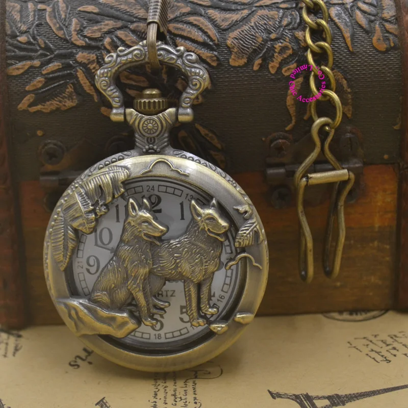 Бронзовый Волк полые Кварцевые мужские карманные часы собака ФОБ Цепочки и