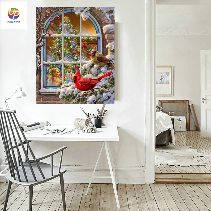 Frameless Digital Painting By Numbers Christmas Window Birds Floral Acrylic Paint Modern Wall Art Home Hotel Deco deal | Дом и сад