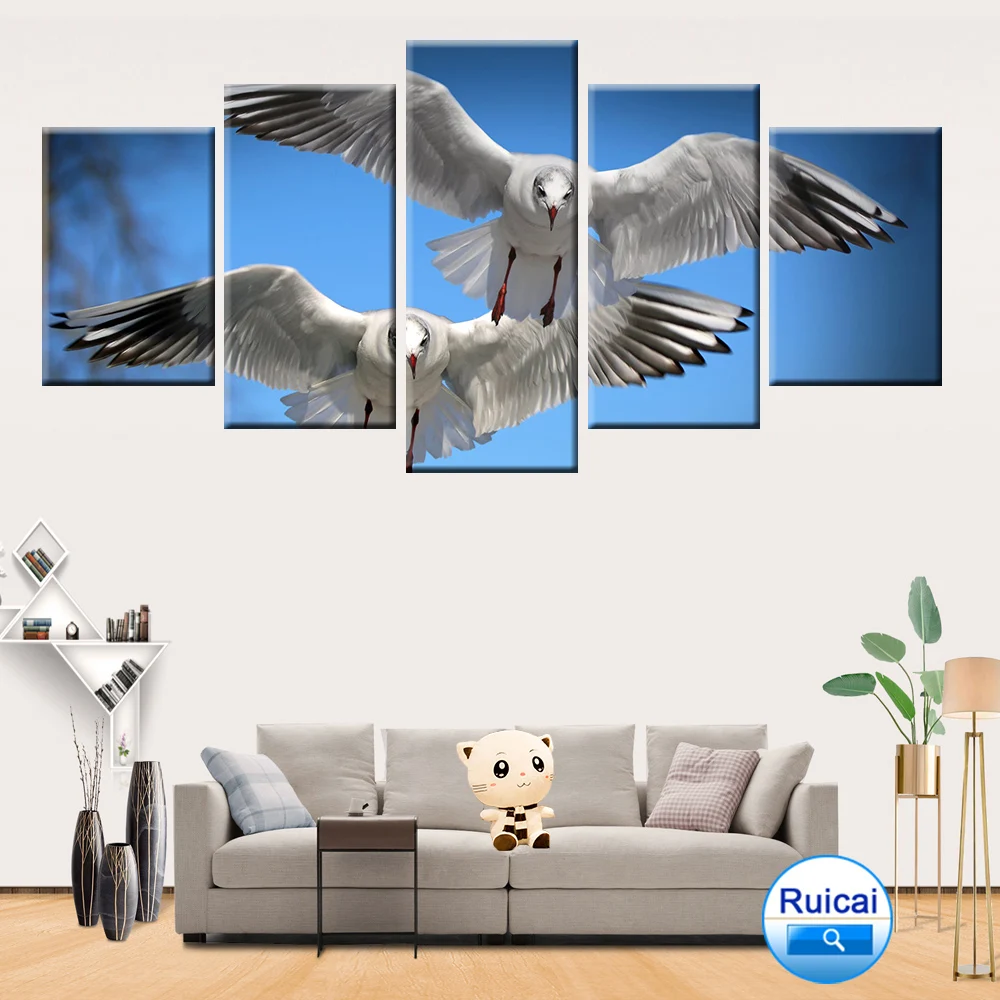 5 panel modular free flying seagull animal poster canvas painting unique home decoration wall art children's room living | Дом и сад