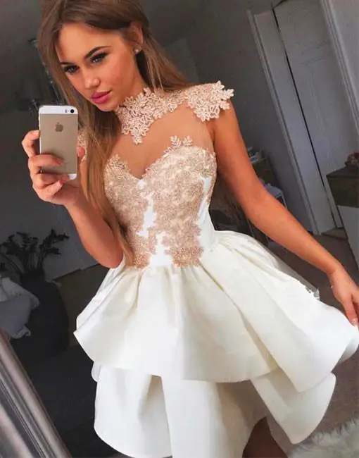 

See Through Homecoming Dresses A-line High Collar Cap Sleeves Short Mini Lace Elegant Cocktail Dresses