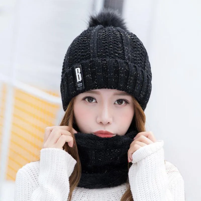 Зимняя женская шапка плюс бархатные плотные вязаные шапки шарф комплект из 2