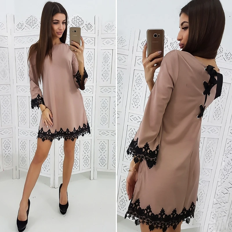 Женское повседневное кружевное лоскутное прямое платье с бантом сзади женское