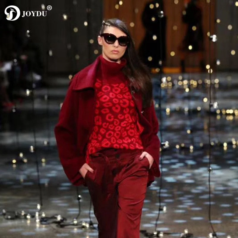 JOYDU pull femme hiver 2018 Runway Winter Chic Turtleneck Sweater Women Leopard Pattern Red Warm Knit Pullover Cool Jumper | Женская