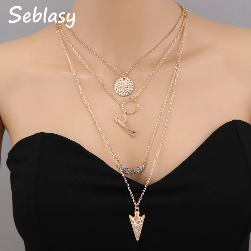 

Seblasy Punk Multi Layer Gold Color Big Statement Crystal Sequins Circle Arrow Angel Wings Chain Necklaces & Pendants for Women