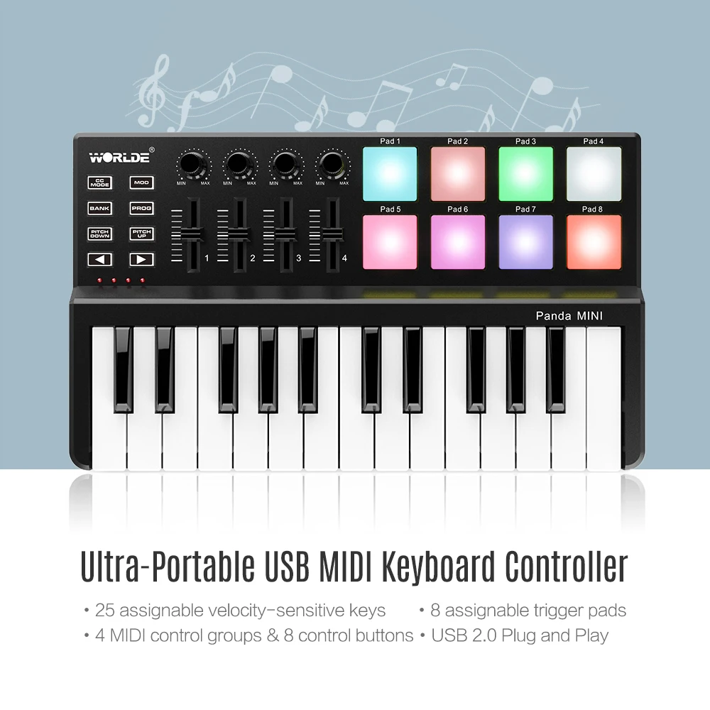 WORLDE Panda MINI 25 клавишный ультра портативный USB MIDI контроллер клавиатуры 8 красочных