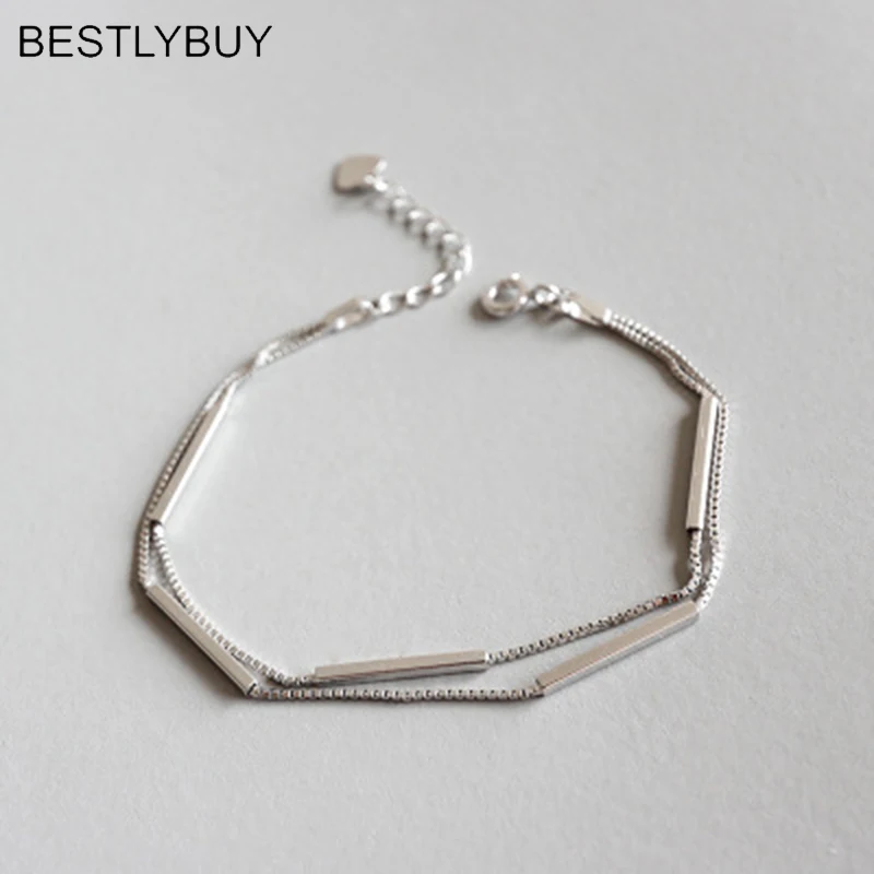 925 sterling silver multi-layer box chains bracelets for women pulseras mujer square tube &amp bangles jewelry | Украшения и