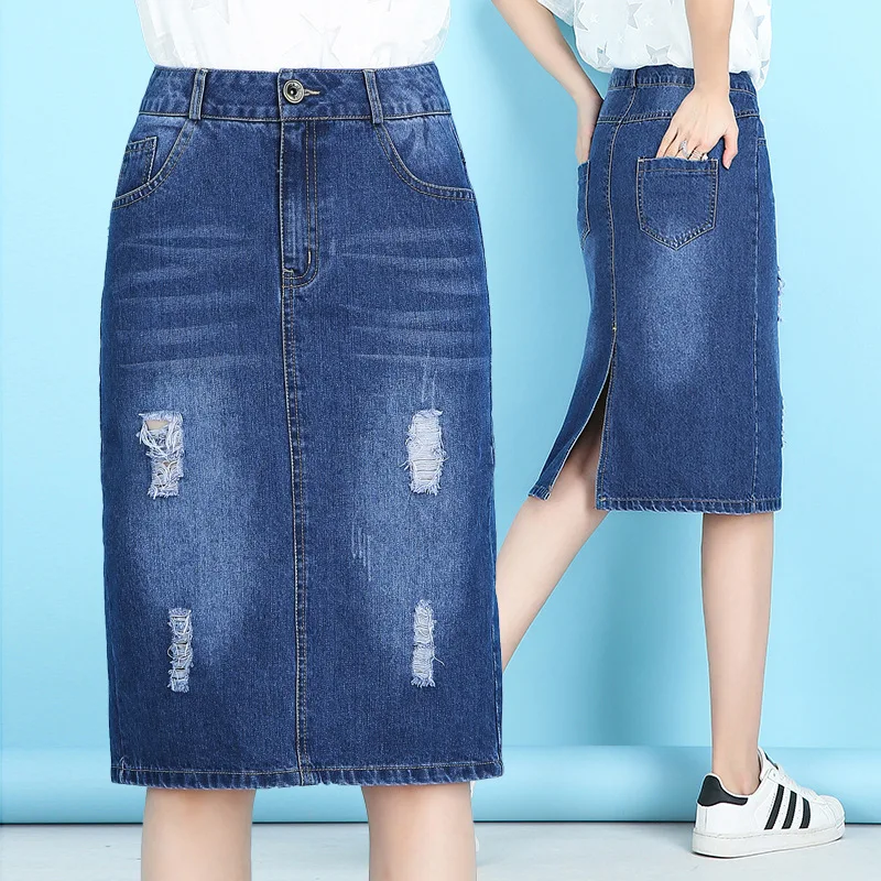 3299 women denim skirt ladies 2019 spring summer new high waist slim wild casual fashion hole bag hip skirts girl | Женская одежда