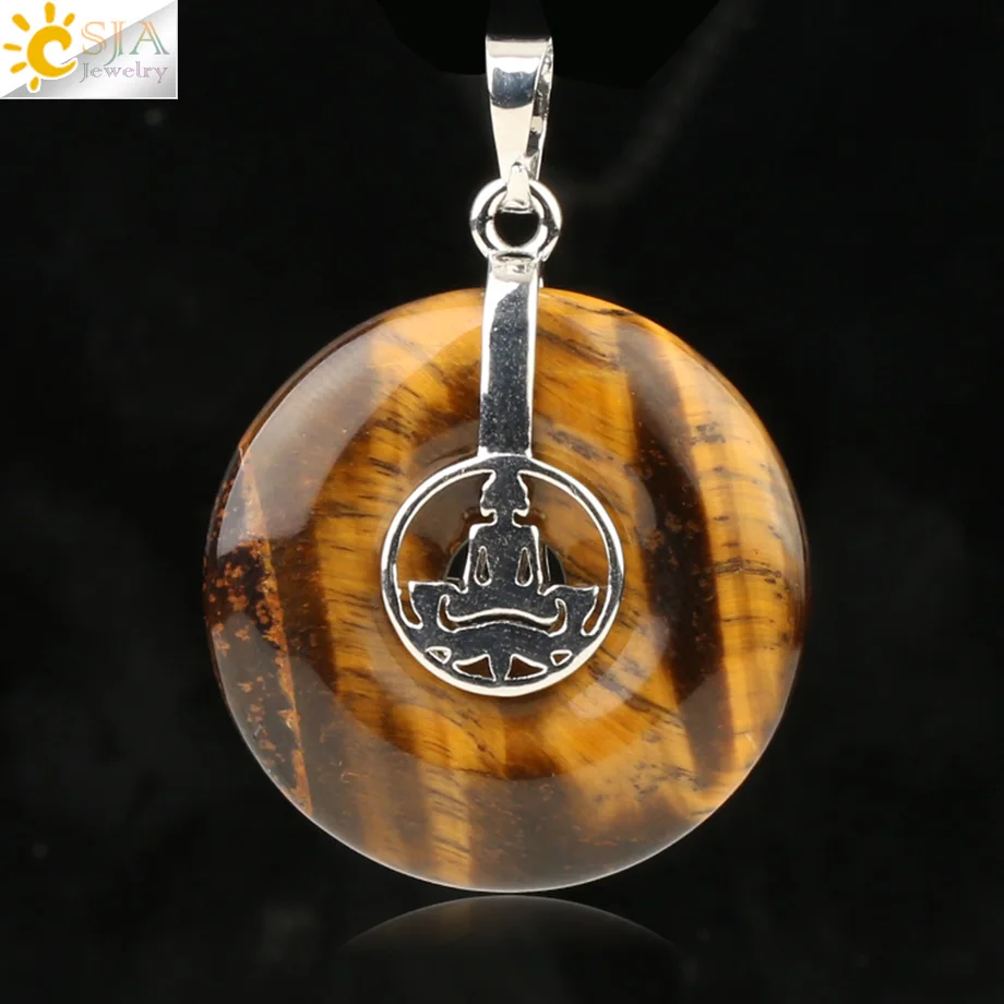 Tiger Eye Csja Йога Лотос кулон для медитации натуральный фиолетовый розовый кристалл тигровый глаз круглые полые Рейки Чакра бусины для женщин и мужчин ожерелье G144 - Окраска металла: Tiger Eye