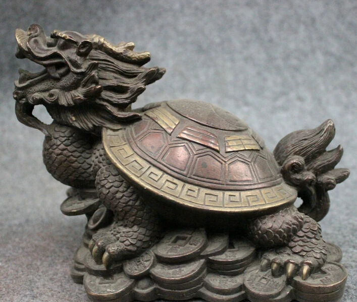 

song voge gem S2816 8" Chinese Pure Bronze FengShui 8 Diagrams Wealth Longevity Dragon Turtle Statue