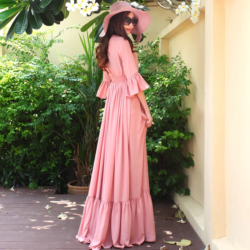 Женское летнее платье 2016 сексуальное длинное из розового шифона с треугольным