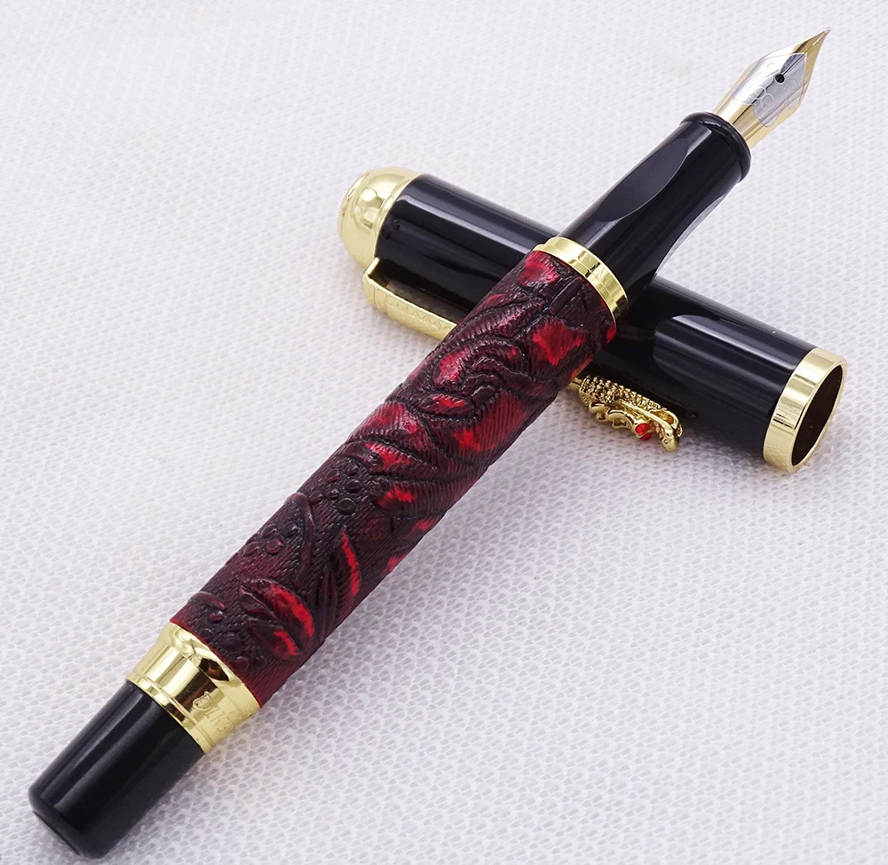 

Dikawen 817 Red Fountain Pen Grape Embossed Pattern Golden Drogon Clip Medium Nib Signature Writing Pen for Office Business