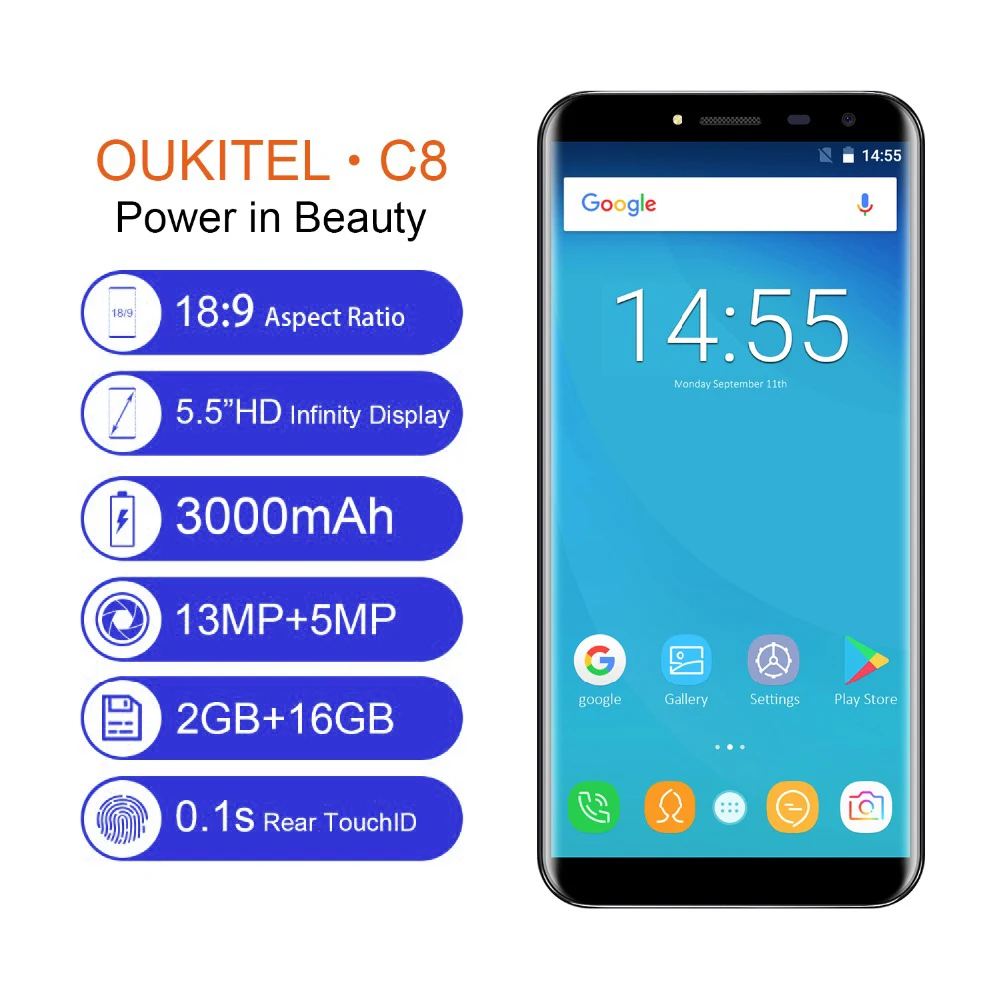 Oukitel C8 5.5 дюйма HD края меньше Бесконечность Дисплей Смартфон Android 7.0 3000 мАч 2 ГБ + 16