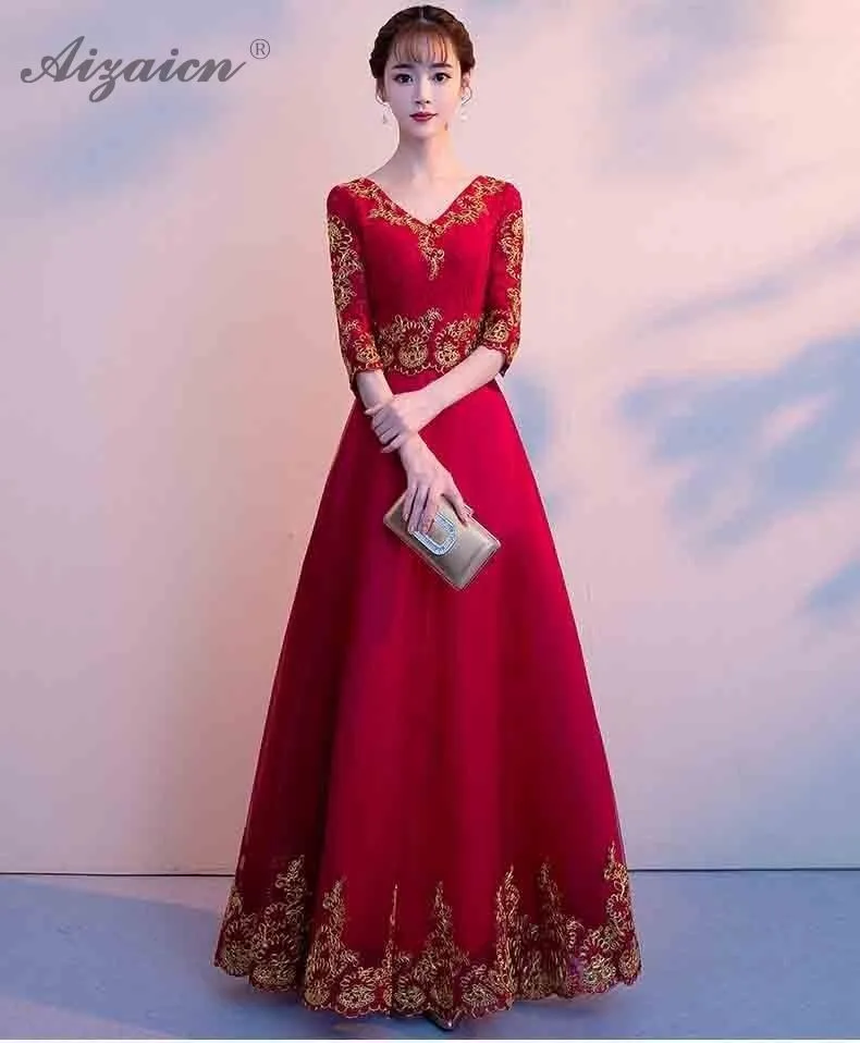 Красное вино традиционное китайское длинное вечернее платье модное Cheongsam сексуальное свадебное кружевное Qipao халат Восточный Стиль Платья повседневные