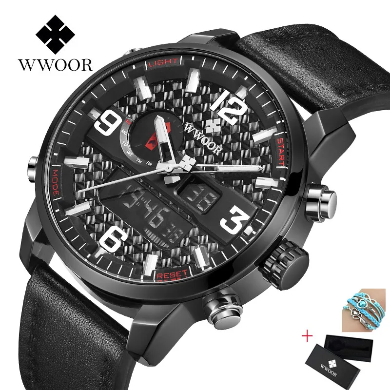 

WWOOR Men's Multifunction Watch Double Movement Watch Large Dial Outdoor Sports Waterproof Leather Quartz Watches men's watches