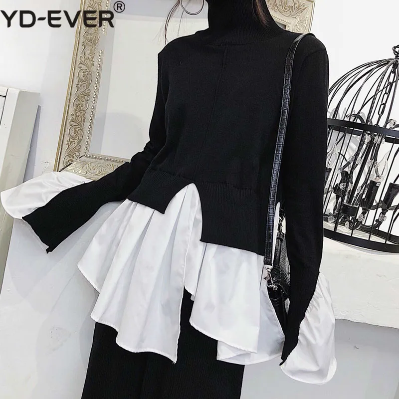 Fake 2 piece Women Sweater Shirts 2019 Spring Turtleneck Flare Sleeve Knitted Pullovers Patchwork White Blouse Irregular Top | Женская