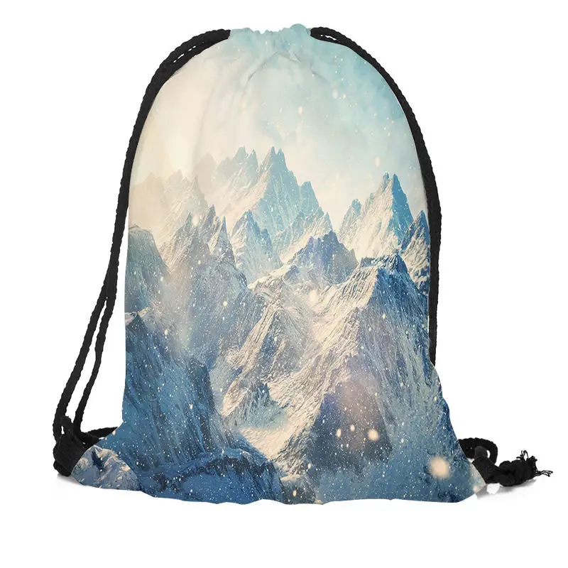 

Custom Snow mountain Printed Drawstring Backpack Silk Soft Bag Large Sapacity More Size Custom You Image