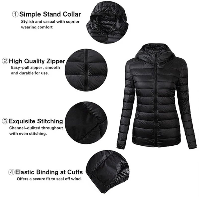 Winter Women Light Parka Jacket Slim Fit Hooded Jackets Long Sleeve Warm Coat Parka Female Solid Color Outwear Winter Jackets