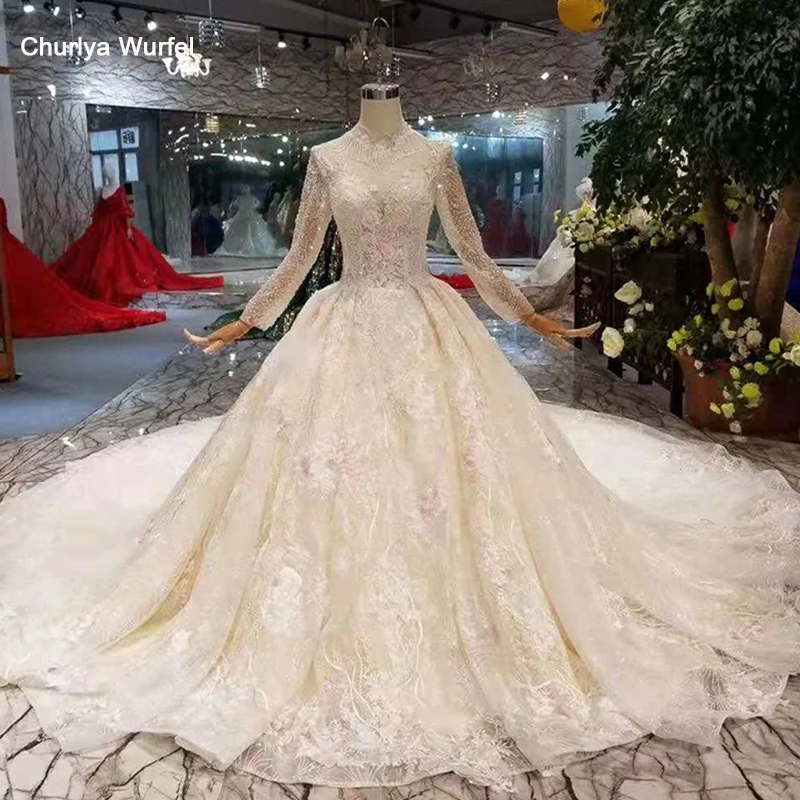 LSS327 Роскошные Блестящие Свадебные платья высокого качества с высоким воротником