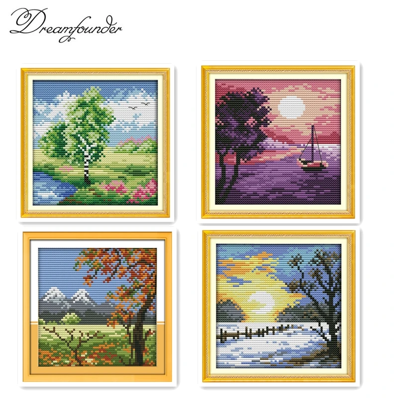 

Four seasons in the countryside cross stitch kit aida 14ct 11ct count printed canvas stitches embroidery DIY handmade needlework