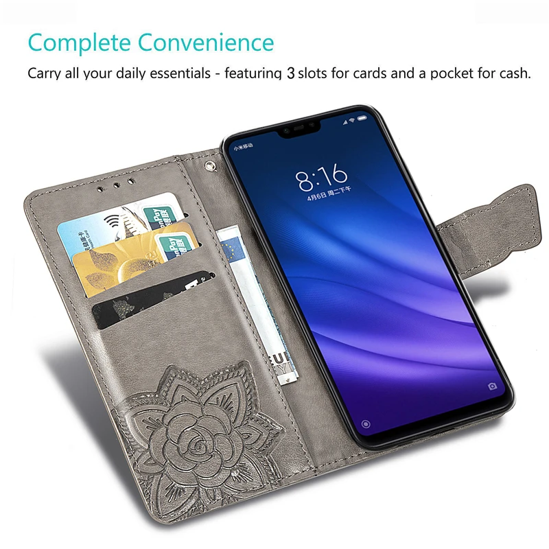 Luxury Wallet Leather Case For Xiaomi Mi 8 Lite 8Lite Flip Cover Funda Coque 3D Butterfly Floral Capa | Мобильные телефоны и