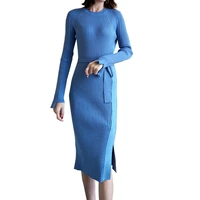 free shipping 2019 fashion autumn and spring vintage long sleeve knitted o neck sweater long mid calf stretch dresses with belt