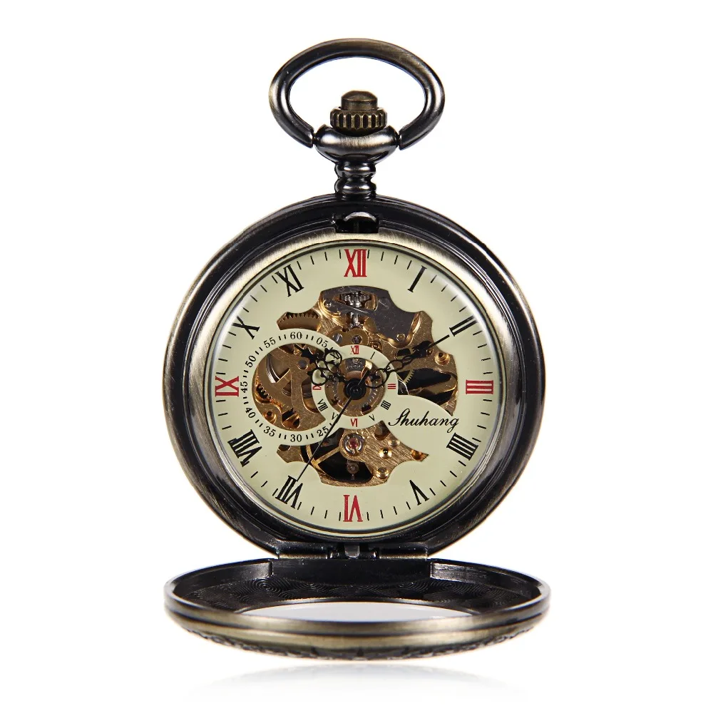 Antique Bronze Tone Clock Transparent See Though Case Steampunk Skeleton Mechanical Pocket Watch For Men Gifts reloj de bolsillo | Наручные