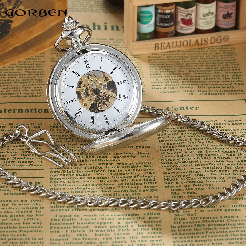 Часы мужские механические карманные винтажные Серебристые гладкие в стиле