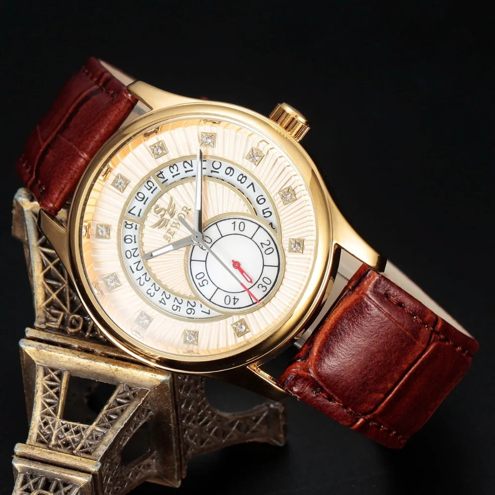 SEWOR Автоматические Мужские часы с кожаным браслетом механические для мужчин