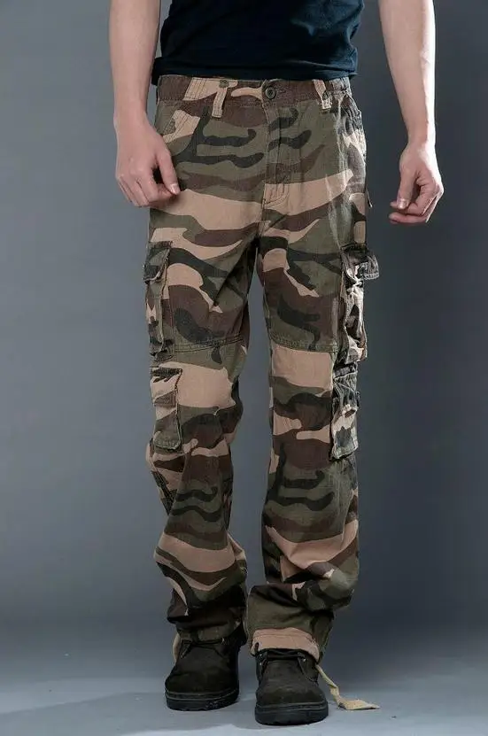 Brown Camouflage Мужские брюки-карго с карманами, камуфляжные джинсы, хлопковые штаны, армейские военные стильные рабочие брюки, джоггеры, штаны, большой размер, мужская одежда - Цвет: Brown Camouflage