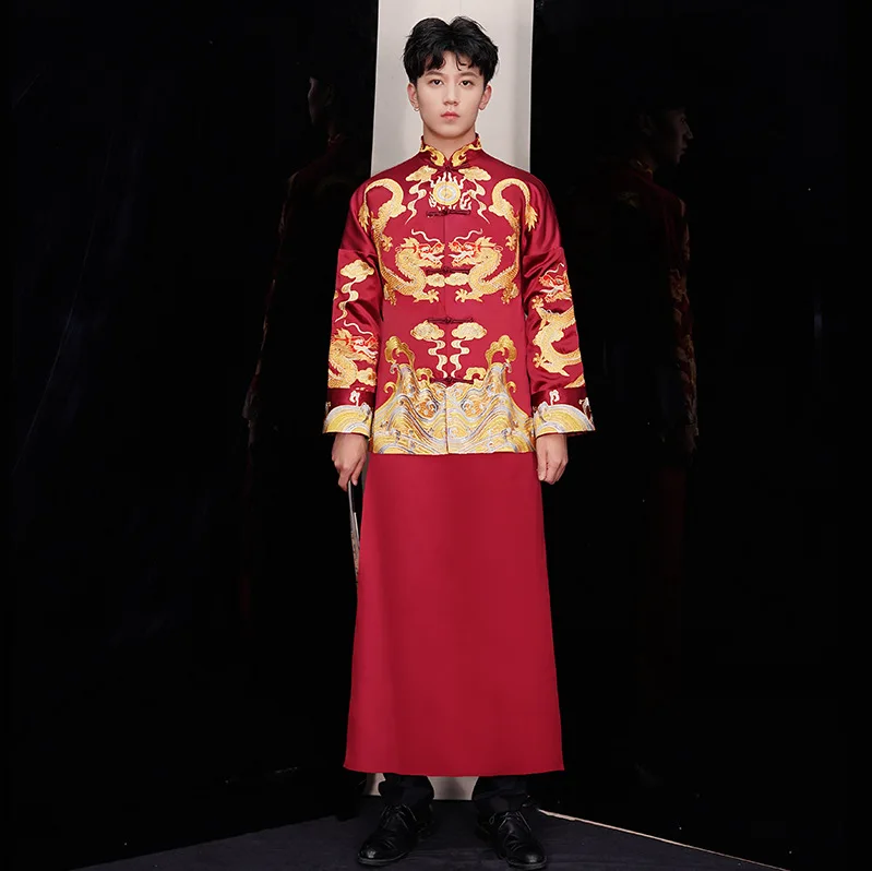 

Красный Жених винтажный свободный Cheongsam традиционное китайское свадебное платье атласное Qipao Вышивка Дракон костюм Vestido восточные мужские