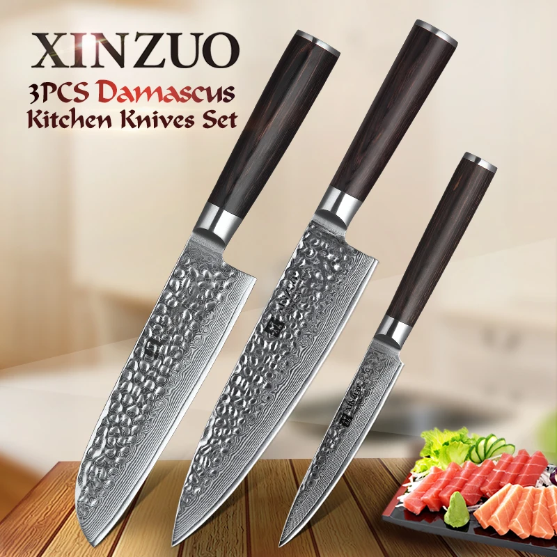 XINZUO 3 шт. китайский набор кухонных ножей из дамасской стали Нержавеющая сталь Ножи шеф-повара нож хозяйственный santoku Кухня инструмент с деревянной ручкой