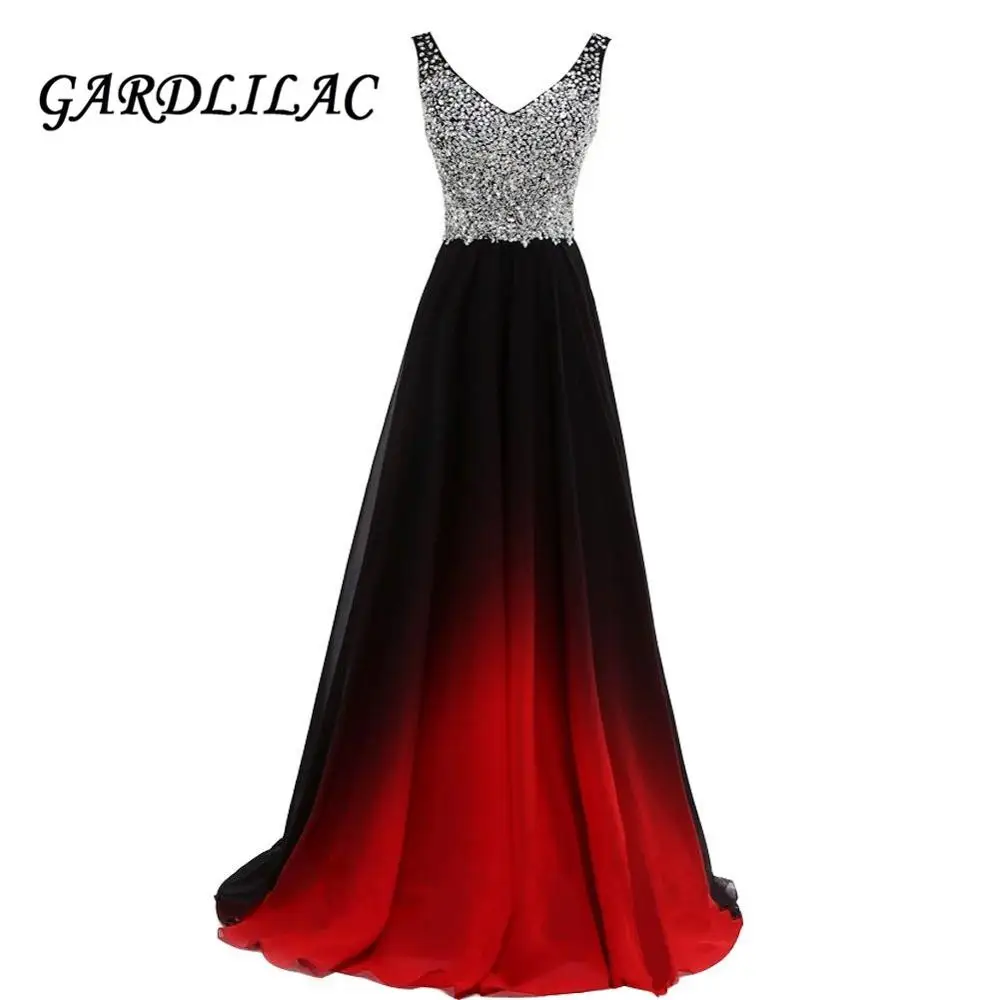 BlackRed Вечерние платья с v-образным вырезом и эффектом омбре Vestido Longo, расшитое бисером платье для выпускного вечера, градиентное шифоновое длинное элегантное платье для выпускного вечера для женщин размера плюс - Цвет: BlackRed
