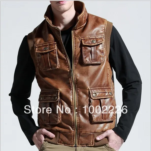 2013 casual vest men PU leather Multiple pockets 3 colors brown black coffee plus XXXL Free shipping | Мужская одежда