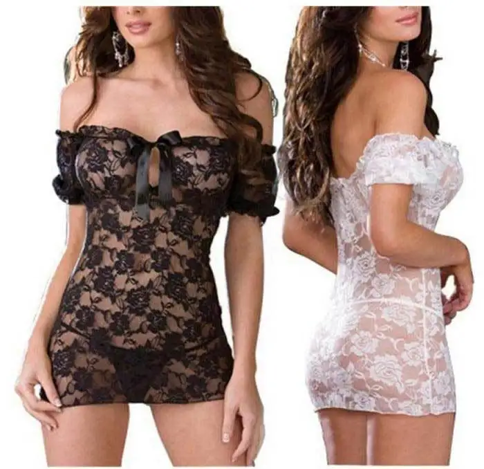 BulkPrice Shop Bust Slit Floral Hollow Lace Boat Neck Slim Short Sexy Sleapwear Dress Lingerie Bodysuit+G string|g-string lingerie|lingerie